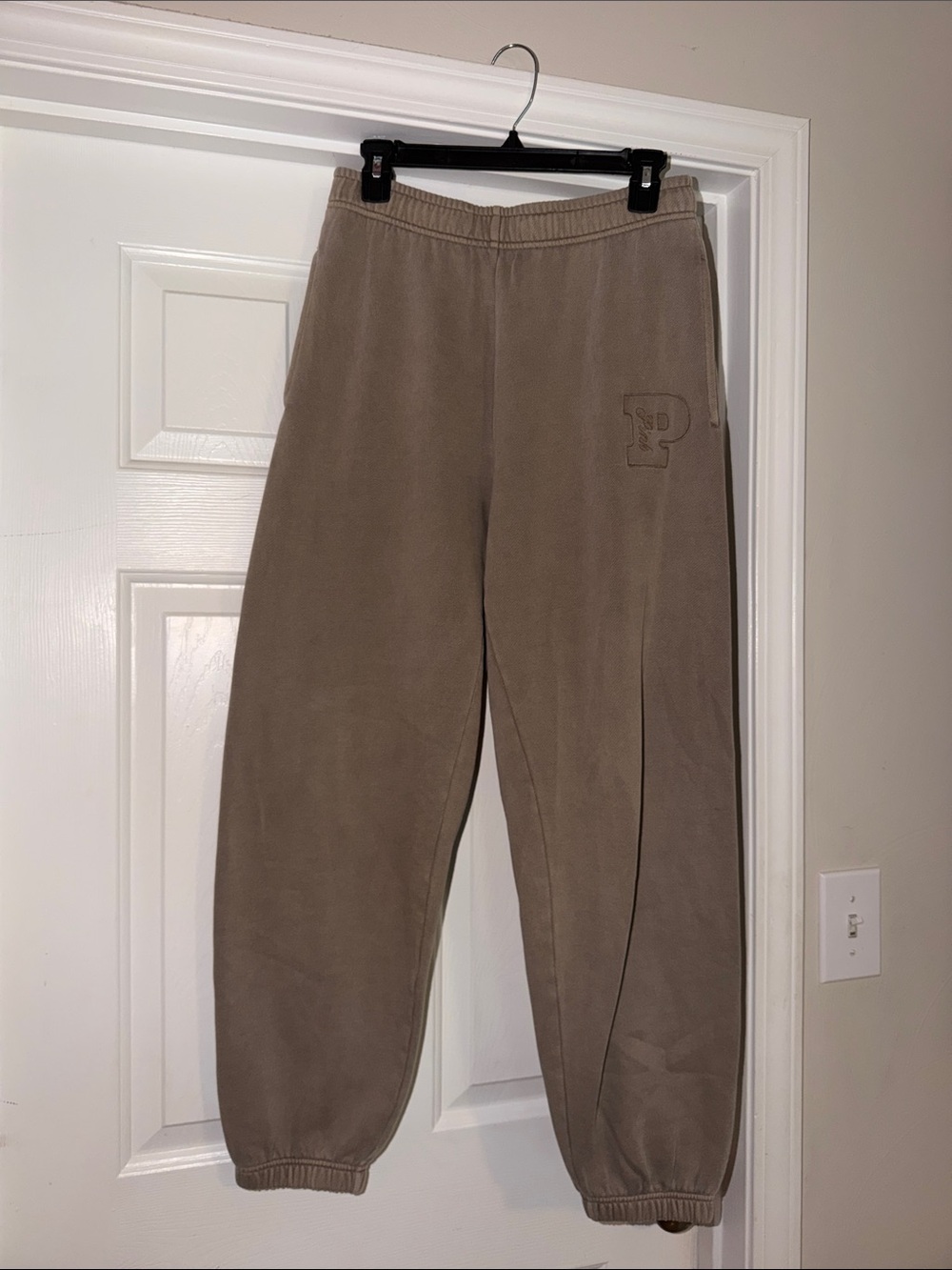 Pink Womens Taupe Sweatpants with Embroidered 'P' Detail